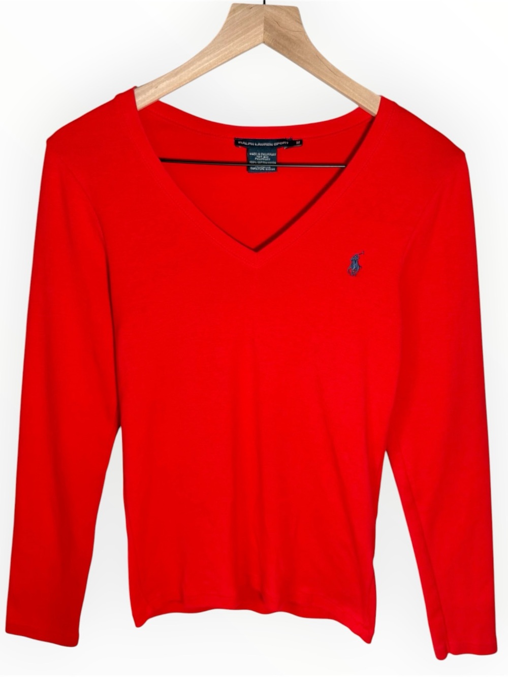 Ralph Lauren Sport Womens Long Sleeve Shirt V-Neck Top Red Size Medium Pony Logo